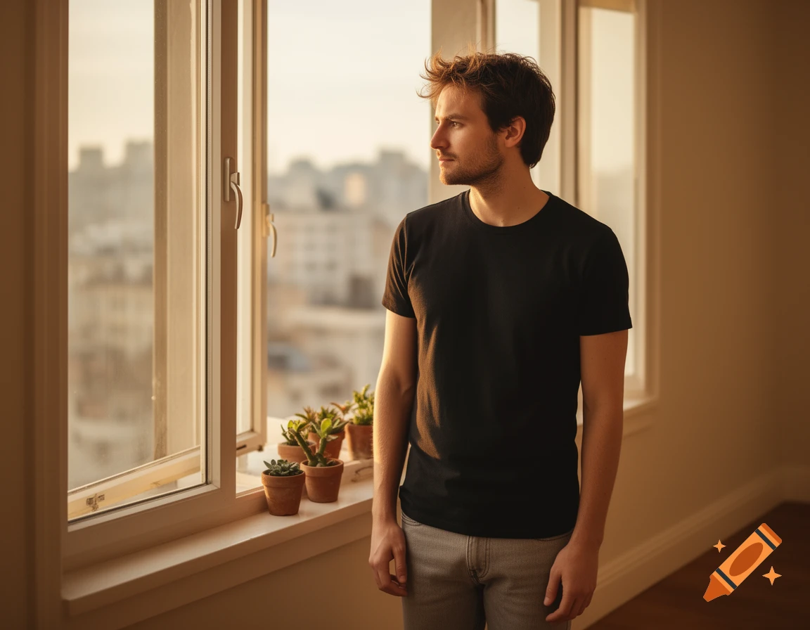 A man in a black t-shirt stands by a window, looking out at a city skyline, with potted plants on the windowsill.