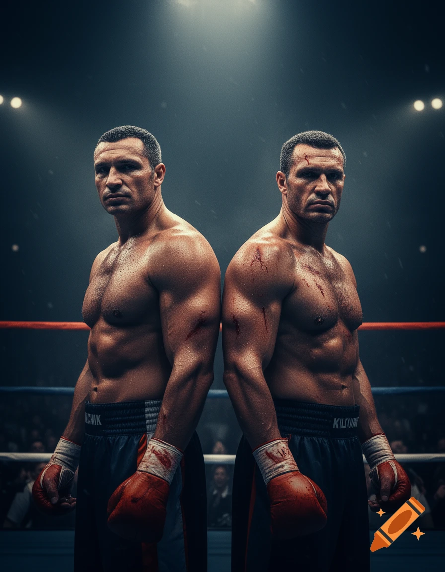 Hyperrealistic movie poster featuring two battle-worn boxers, Vitali and Wladimir Klitschko, standing back-to-back in a dark, gritty ring with dramatic lighting.