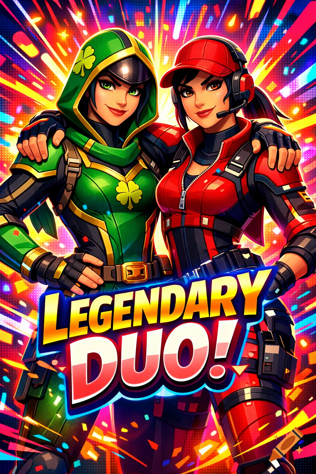 Two colorful cartoon heroines, one in green and one in red, embrace against a vibrant, confetti-filled background with 'LEGENDARY DUO!' text.