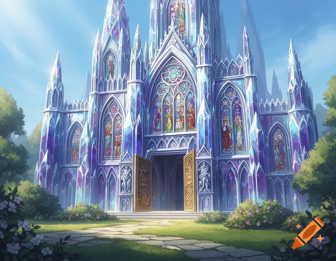 A magnificent crystalline cathedral with intricate stained glass windows, set in a lush garden under a bright sky.