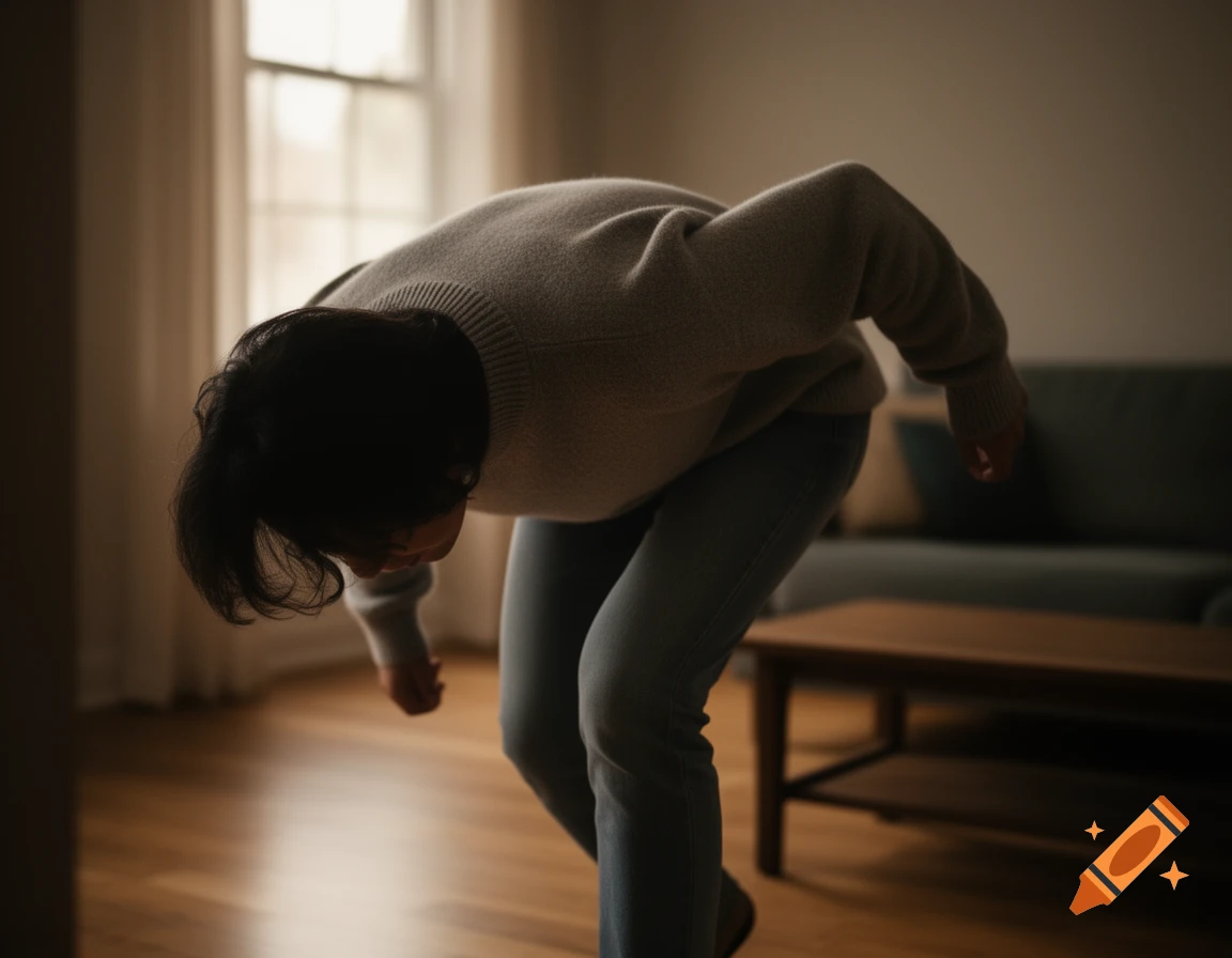 A person wearing a sweater and jeans bends over in a dimly lit room, with a window and a sofa in the background, photorealistic.
