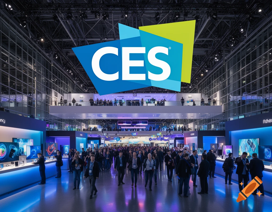 A bustling crowd walks through a large, modern technology trade show hall with a prominent "CES" logo overhead.