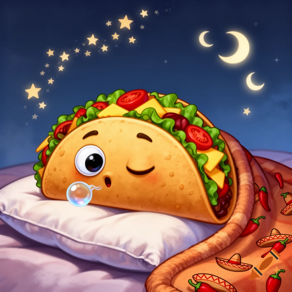 A cartoony taco with a silly sleeping face lies on a pillow under a chili pepper blanket, under a starry night sky.