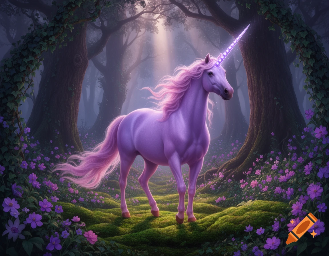 A majestic purple unicorn with a pink mane and glowing horn stands in an enchanted forest with purple flowers.
