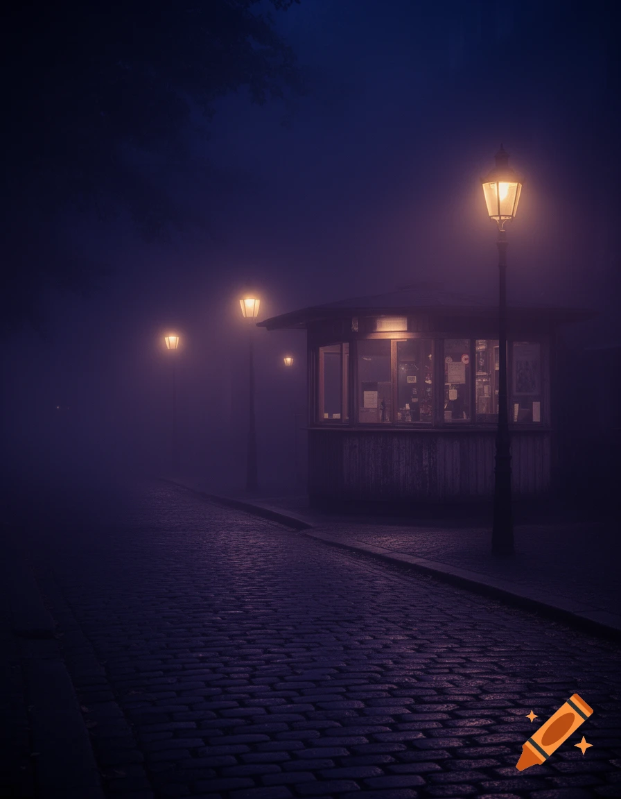 A dimly lit kiosk and glowing streetlights on a foggy cobblestone path at night.