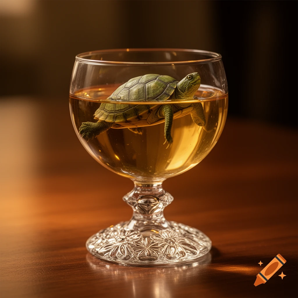 A small green turtle swims in a glass of golden liqueur on a wooden table.