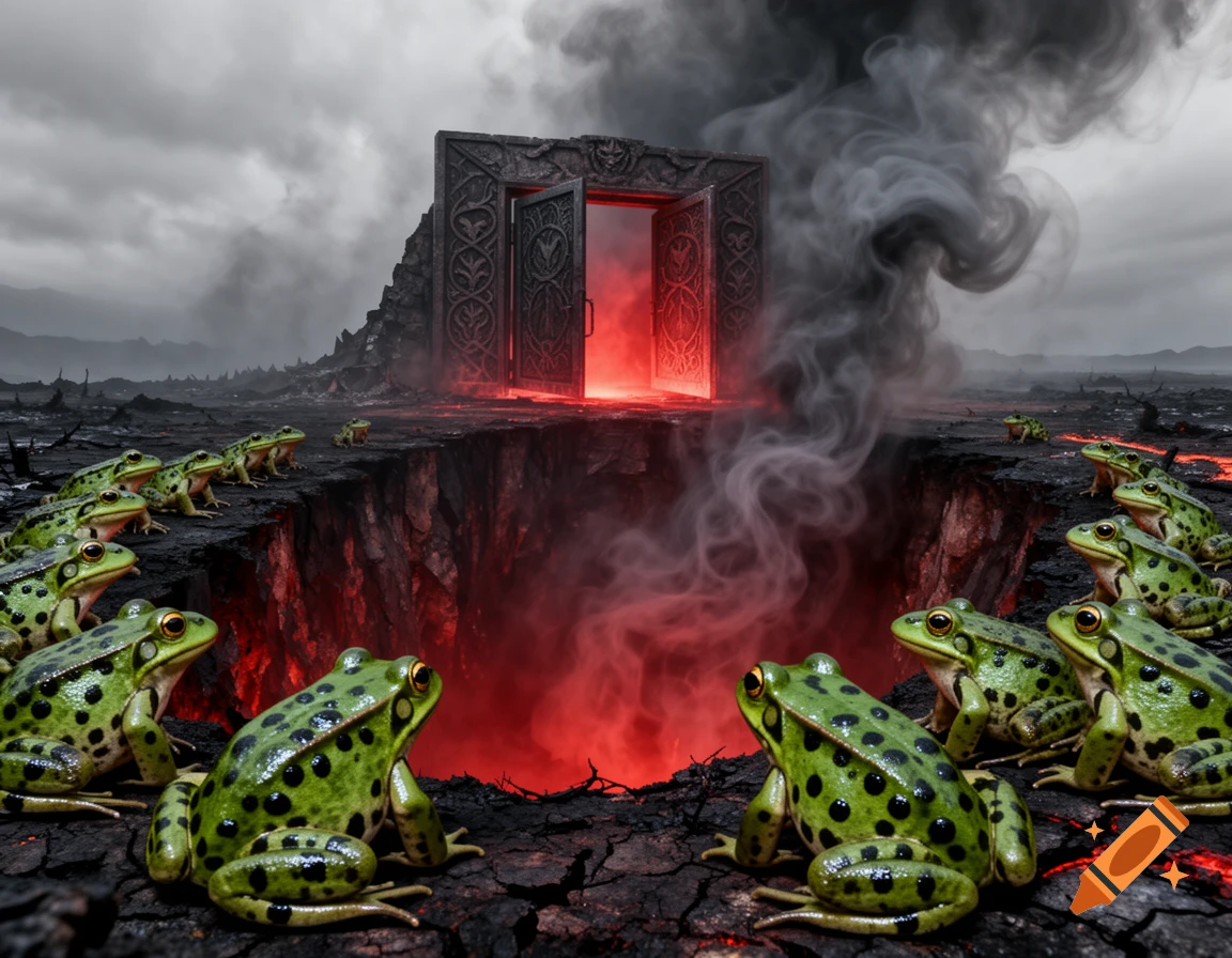Green frogs with black spots surround a fiery chasm with an ominous, open stone gate in a dark, desolate landscape under a cloudy sky.