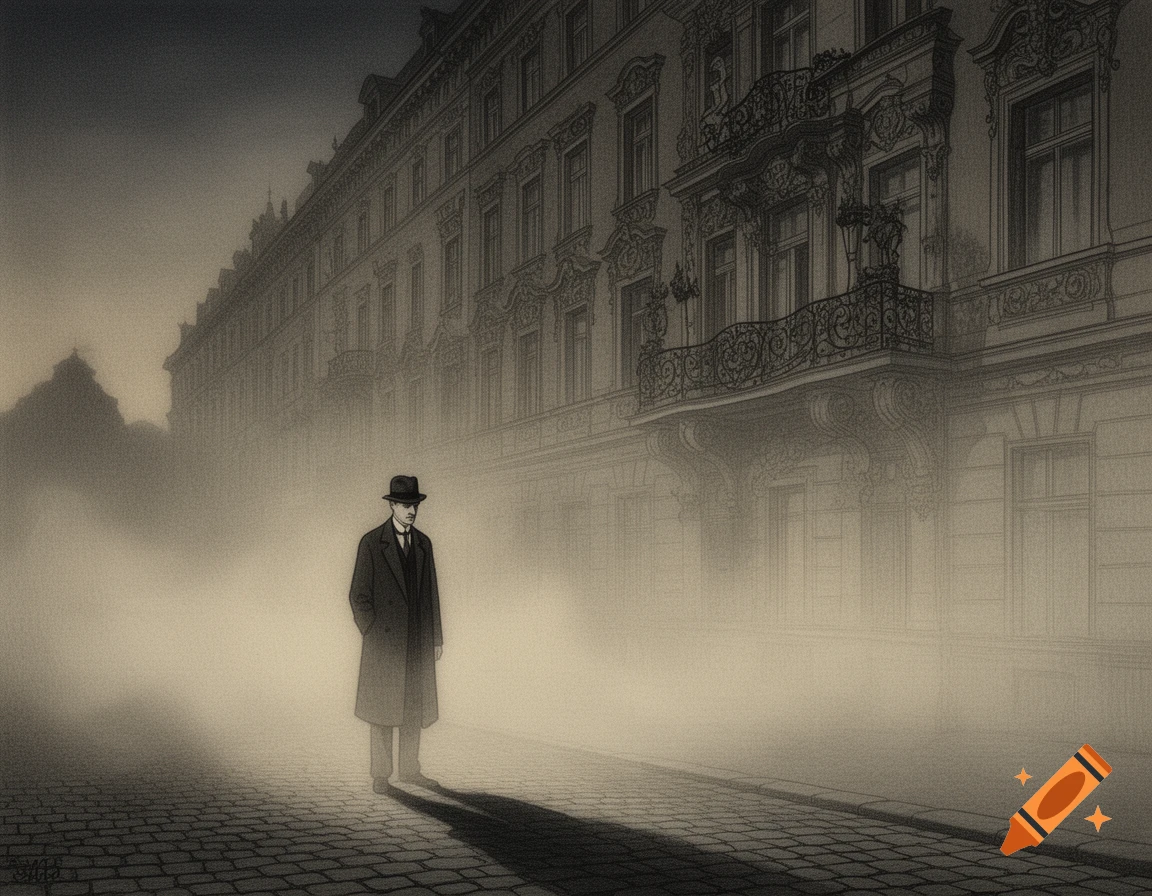 A man in a trench coat and fedora stands on a cobblestone street in dense fog before a detailed old European building, drawn in a dark, atmospheric style.