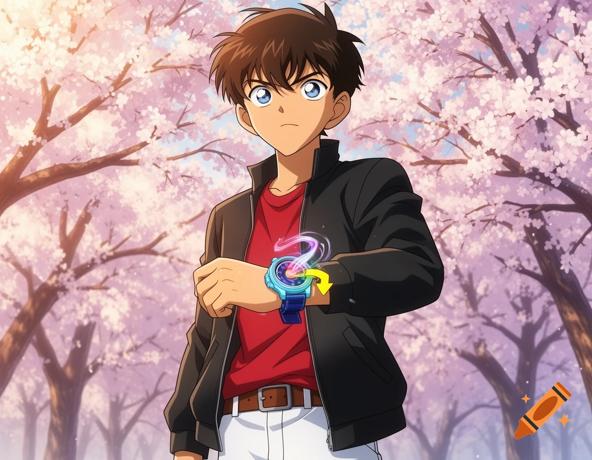 An anime boy with brown hair and blue eyes, wearing a black jacket and red shirt, looking at a glowing blue wristwatch under cherry blossom trees.