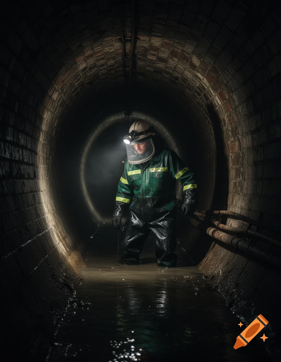 A sewer worker in protective gear kneels in murky water inside a dark, circular brick tunnel, illuminated by a headlamp.