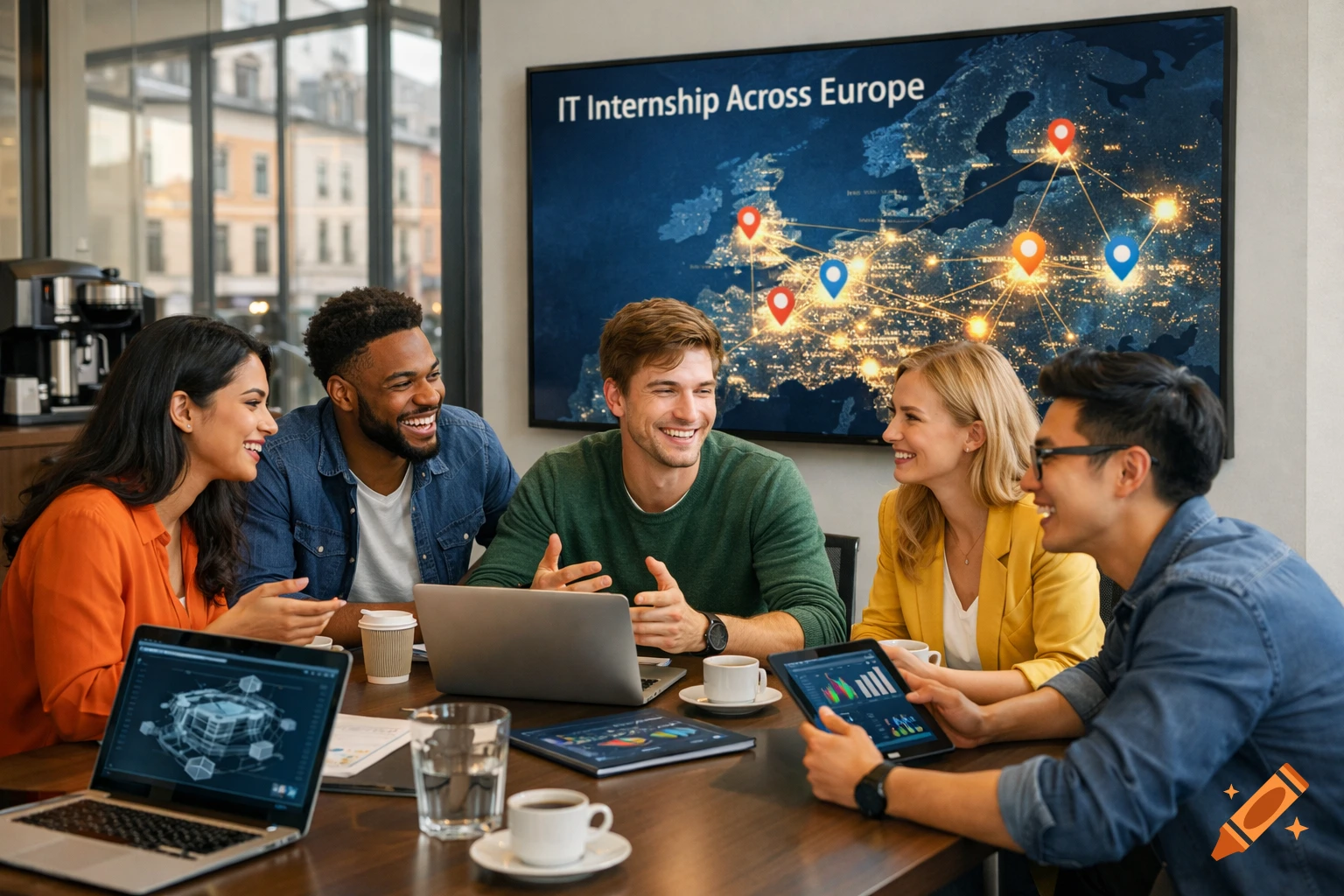 Five diverse young professionals smiling around a table with laptops and tablets, a screen behind them shows 'IT Internship Across Europe' on a map.