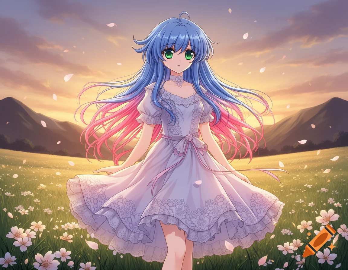 An anime girl with blue and pink hair, wearing a white dress, stands in ...