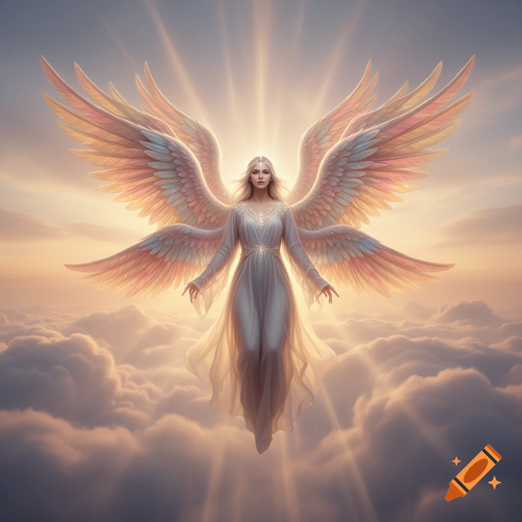 A majestic seraphim with large, colorful wings and a flowing gown, glowing brightly in a cloudy, sunlit sky.