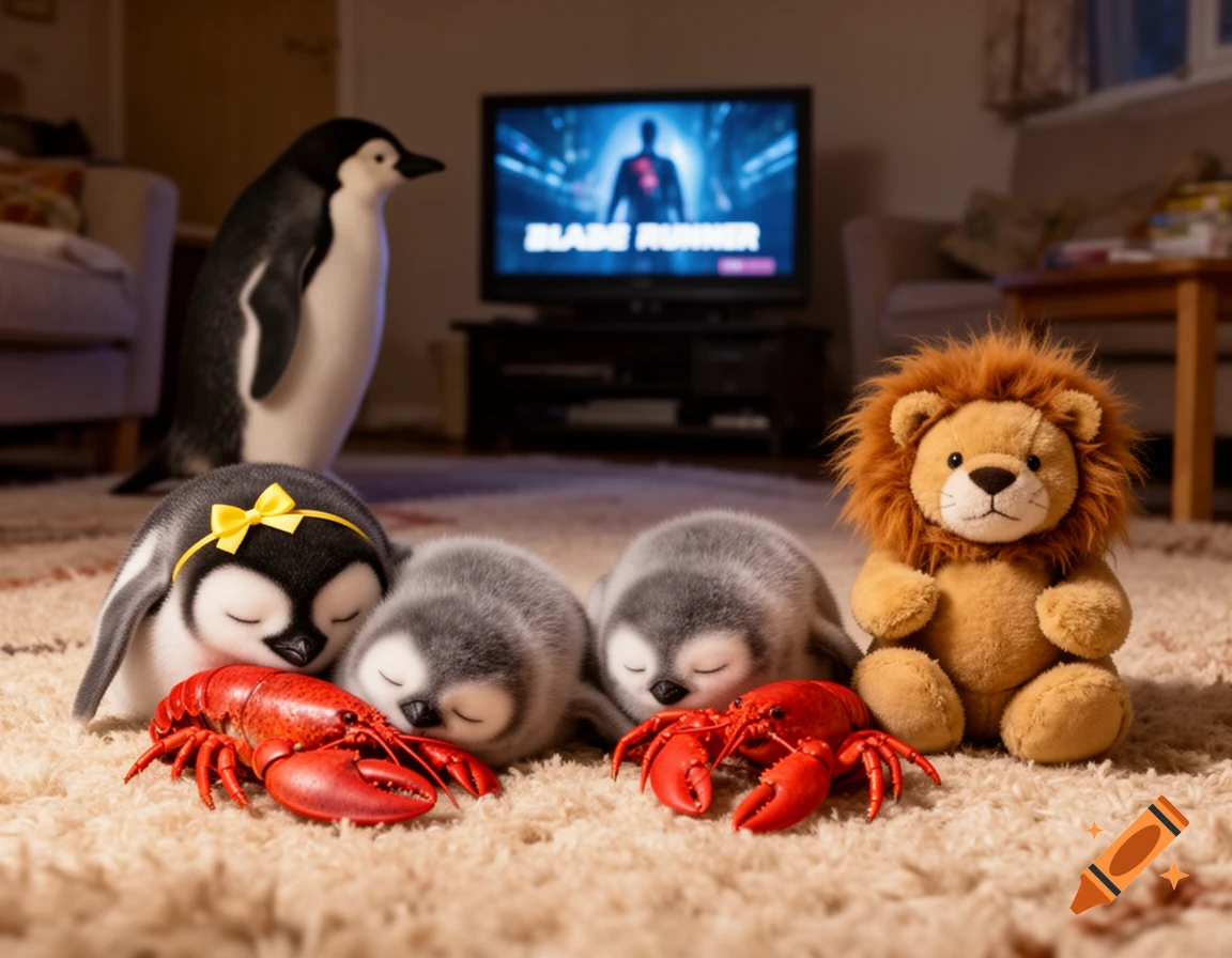 Three baby penguins and a lion plushie on a carpet, two with red lobsters, as a large penguin watches Blade Runner on TV.