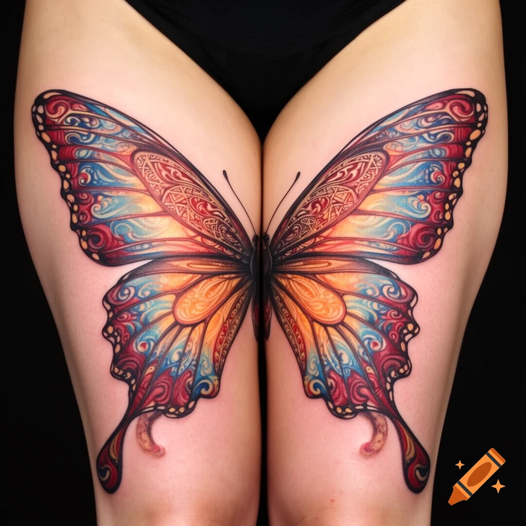 A large, colorful butterfly tattoo with intricate patterns spanning across a person's thighs.