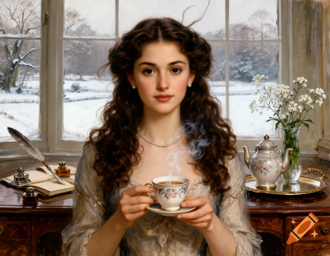 Oil painting of a serene woman in period attire holding a steaming teacup by a window overlooking a snowy landscape.