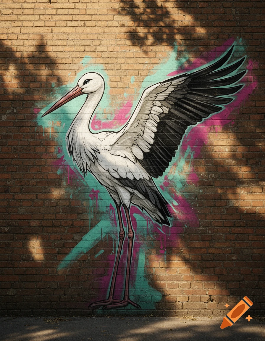 A white stork with black wings painted as graffiti on a brick wall, surrounded by pink and teal paint splashes and tree shadows.