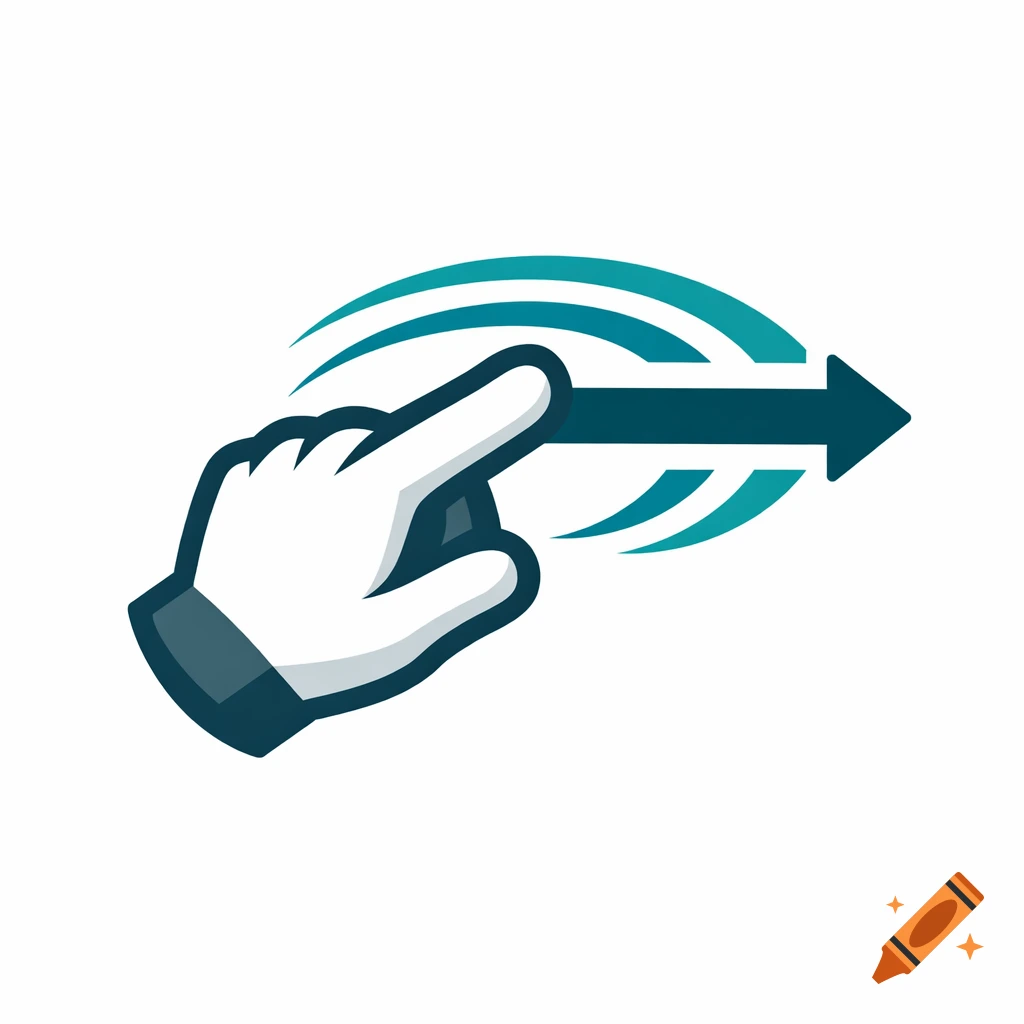 Stylized cartoon hand with a pointed index finger swiping a teal arrow rightward, against a white background.