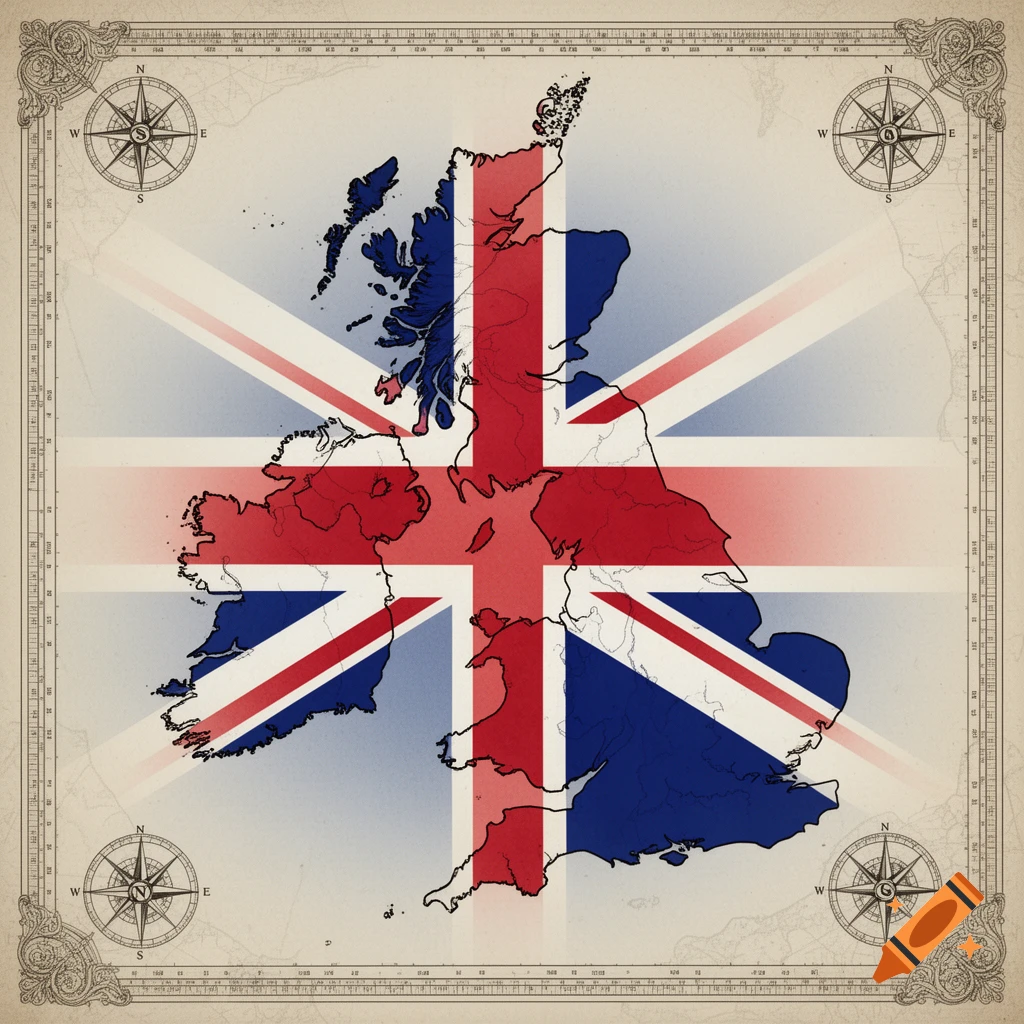 A vintage-style map of the United Kingdom overlaid with the Union Jack flag, on parchment with compass roses.
