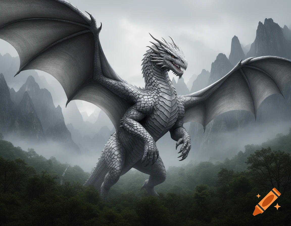 A powerful grey dragon rears up with splayed wings in a foggy mountain ...