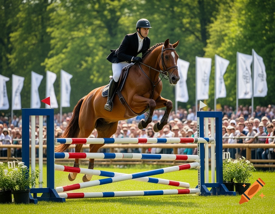Photorealistic image of a horse and rider jumping over a red, white, and blue striped obstacle on a grassy field, with spectators in the background.