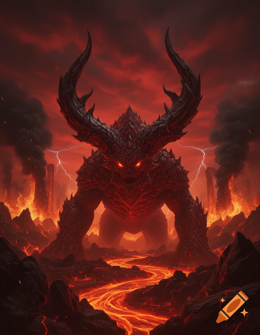 A large, horned red monster with glowing eyes stands in a hellish landscape with flowing lava under a red sky.