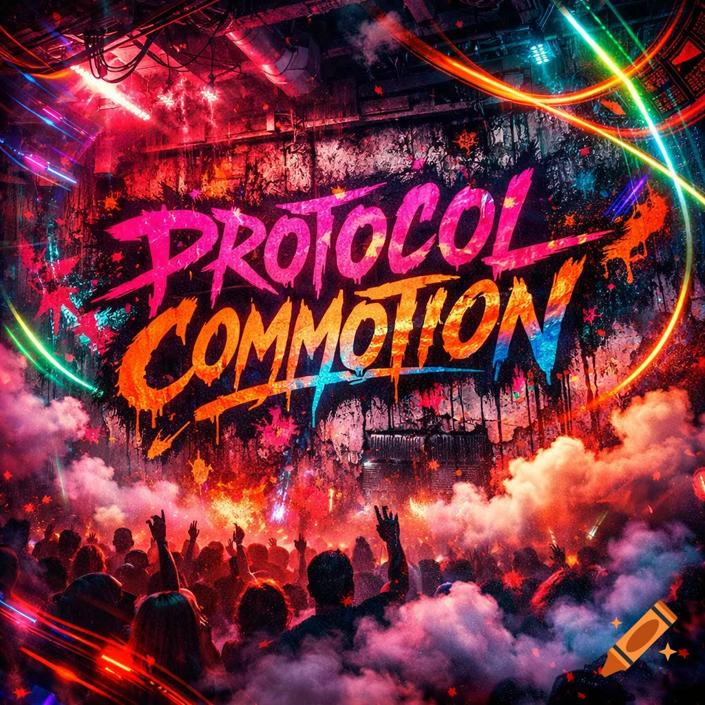 Vibrant album cover for 'PROTOCOL COMMOTION' graffiti on a grungy wall over a cheering crowd at a neon-lit rave party.