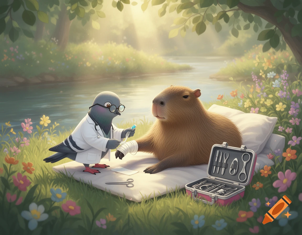 A whimsical digital illustration of a pigeon doctor bandaging a capybara's paw by a river, with a medical kit nearby, in a sunny forest.