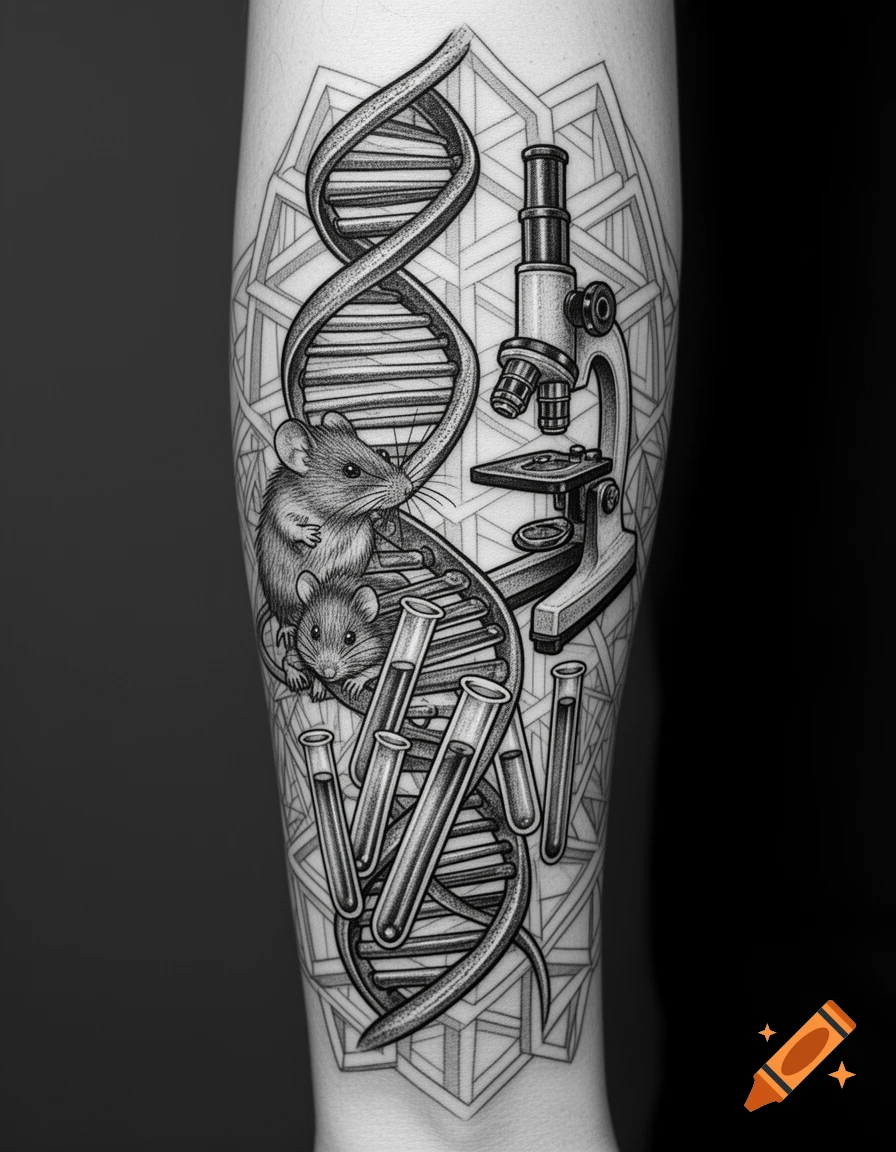 Black and white forearm tattoo of a DNA double helix, a mouse, a microscope, test tubes, and a geometric pattern background.