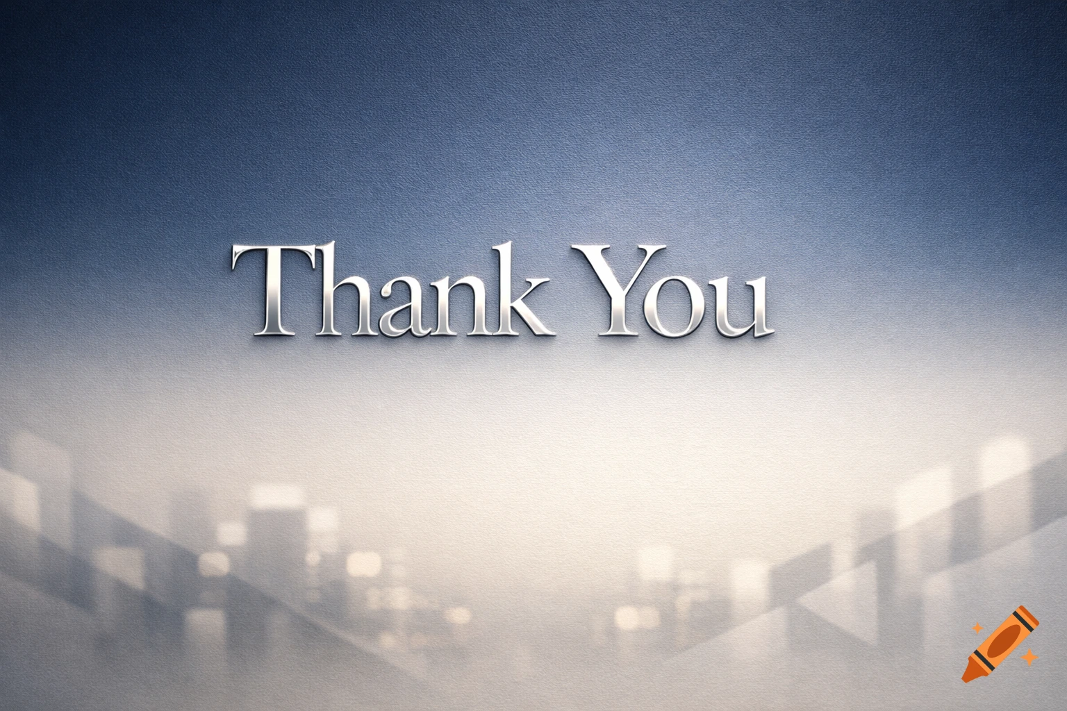 Metallic 'Thank You' text on a blue to white gradient background with blurred city buildings below.
