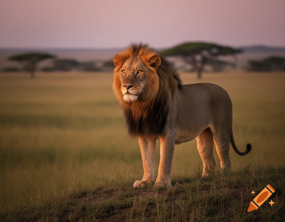 A majestic male lion with a full mane stands on a grassy hill in a sunlit savannah at sunset.