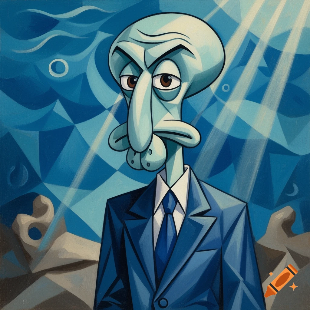 A cubist painting of a blue-green Handsome Squidward in a suit against a geometric blue background with light rays.