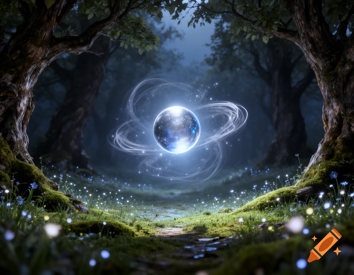 A dark, magical forest at night with a glowing blue-white orb ...