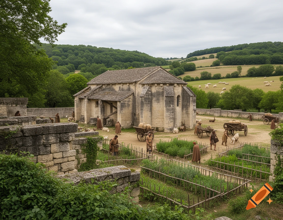 A photorealistic view of a medieval stone monastery and village with ...