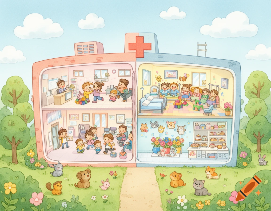 Cartoon cutaway view of a friendly children's hospital with kids playing and resting, surrounded by animals and trees.