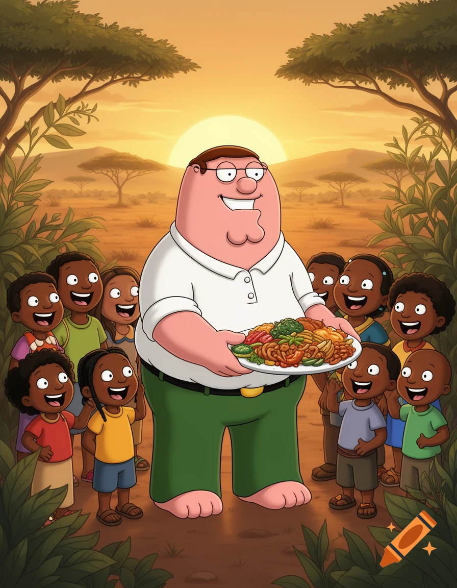 Cartoon character Peter Griffin holds a plate of food for smiling children in an African savanna at sunset.