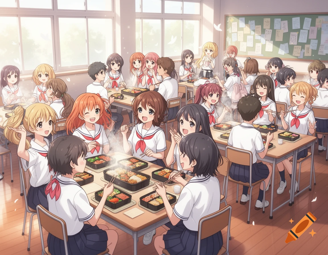 Anime students in a bustling school lunchroom, enjoying meals at their desks.