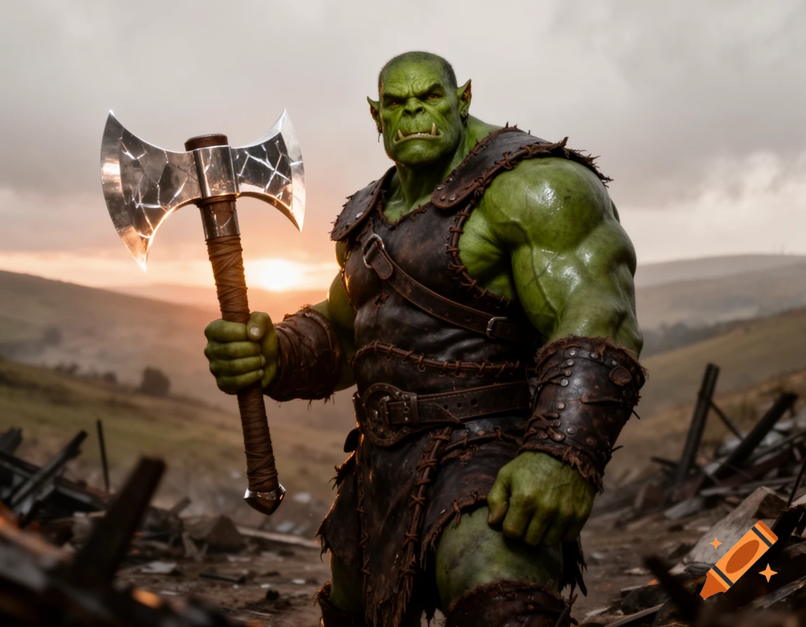 A muscular green-skinned orc barbarian in leather armor holds a double-headed axe, standing in a desolate, hilly landscape at sunset.