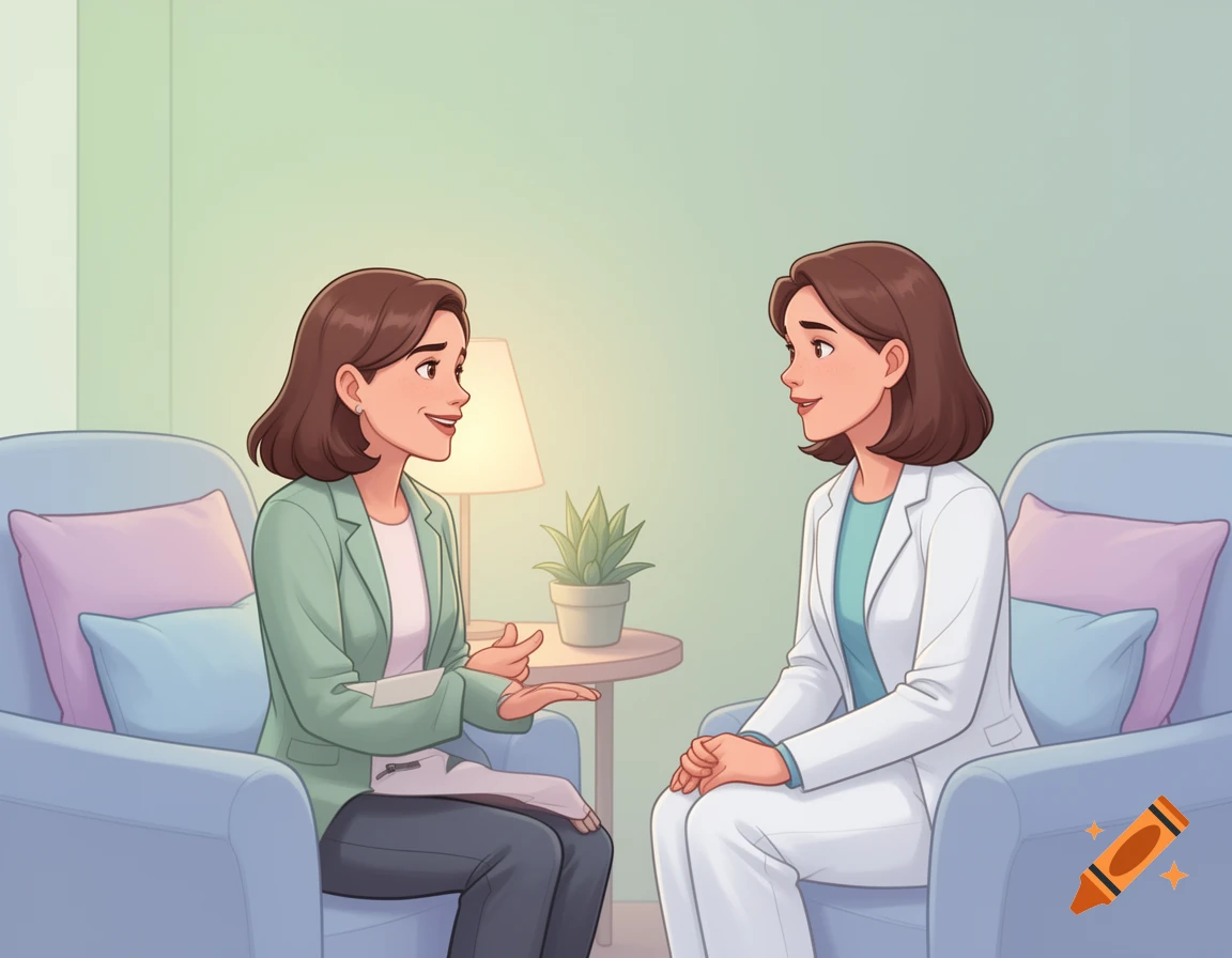 Two women in a pastel cartoon style are seated in armchairs, conversing in a tranquil indoor setting.