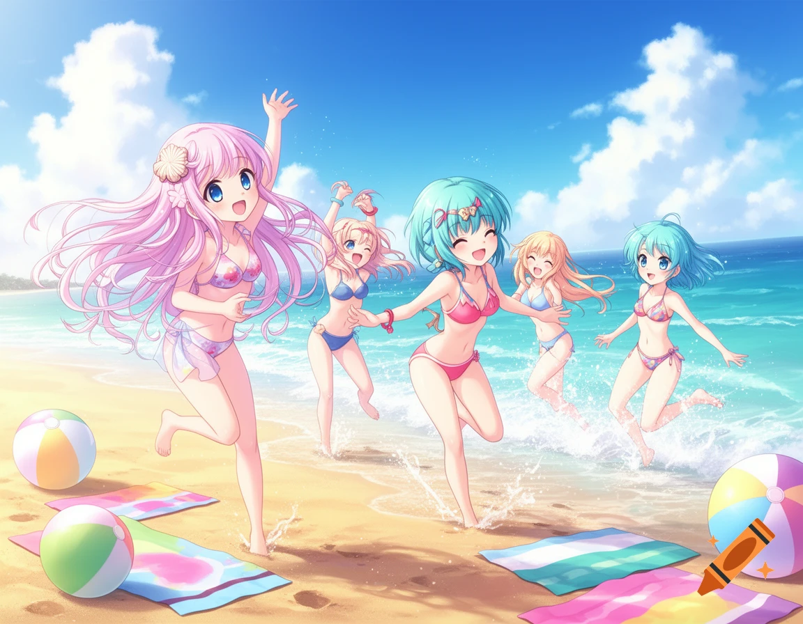 Five anime girls in bikinis play and splash in the shallow water on a sunny beach with beach balls.