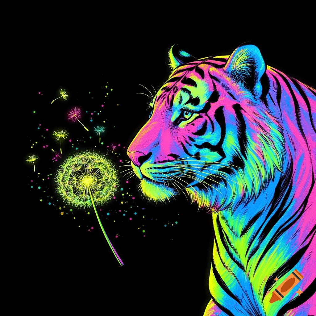 A vibrant neon-colored tiger head in profile, blowing seeds from a glowing dandelion against a black background in a comic style.