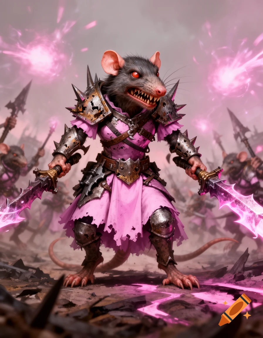 A rat-like warrior in spiked magenta and steel armor holds two glowing pink swords on a battlefield with other warriors.