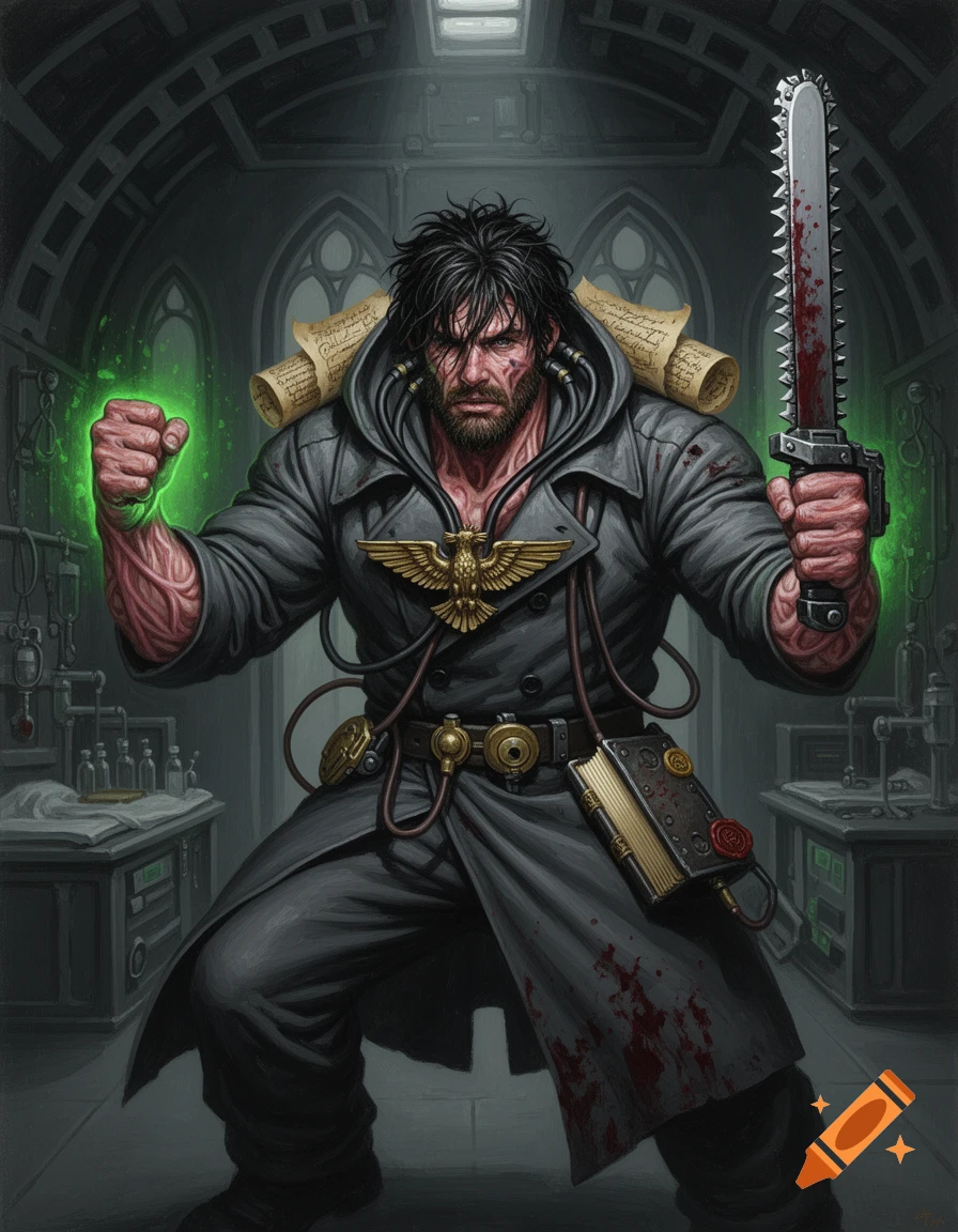 An oil painting of a grim, heavily veined man with a chainsaw-like weapon and blood-stained coat, standing in a dark, gothic lab with green glowing elements.