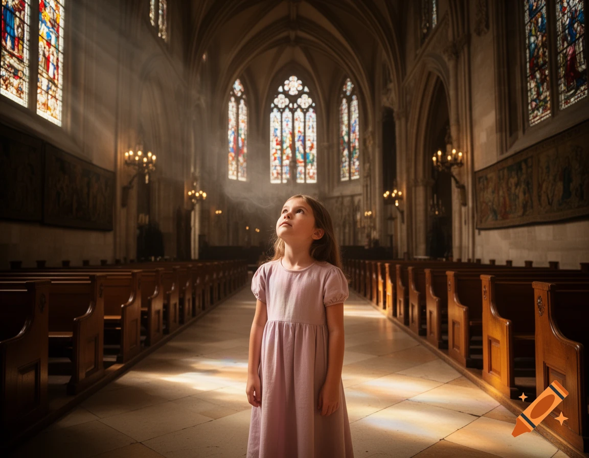 A young girl in a pink dress stands looking up in a grand church, illuminated by light rays through stained glass windows.