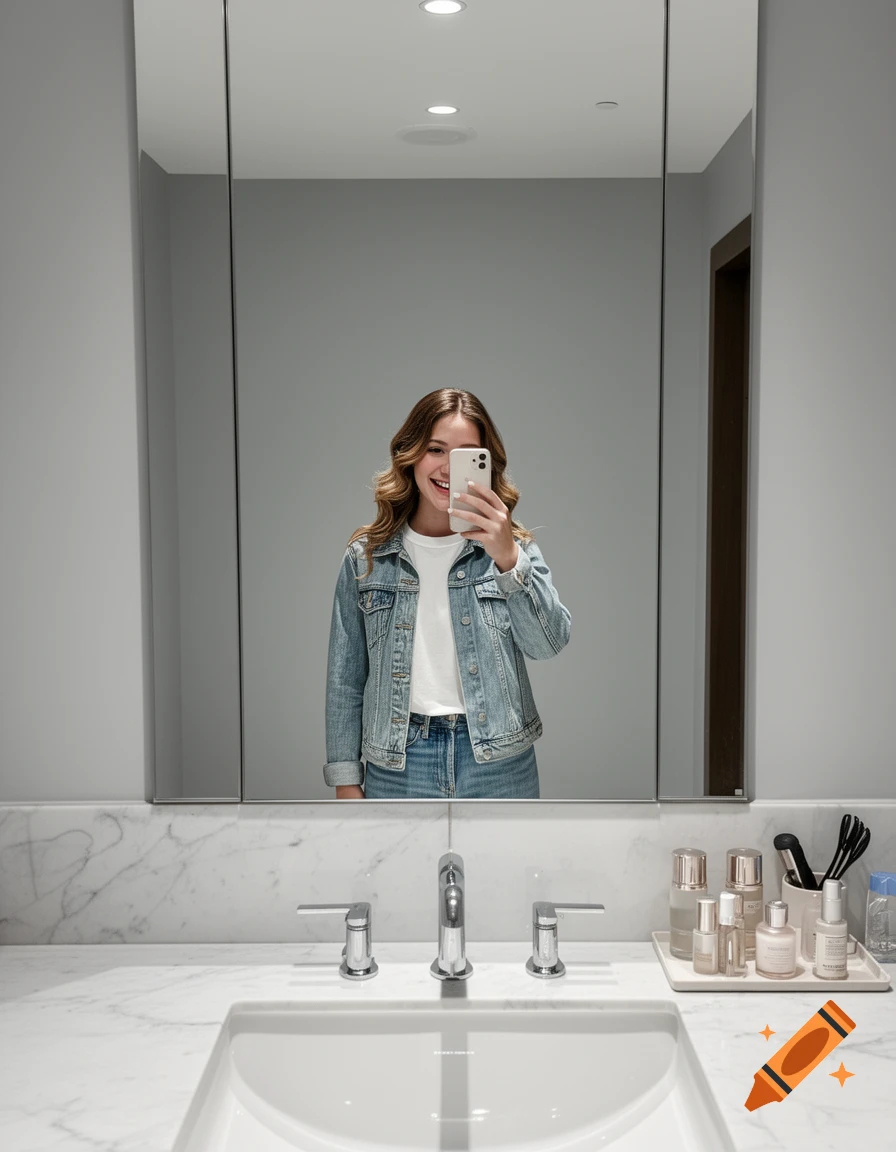 A young woman with wavy hair smiles while taking a mirror selfie in a modern bathroom, wearing a denim jacket and jeans.