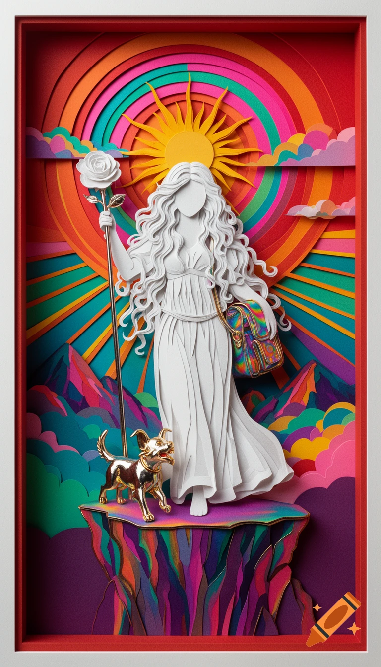 A white paper-cut female figure holds a rose staff with a golden dog at her feet, set against a vibrant rainbow sunburst and layered mountains in 3D paper art style.