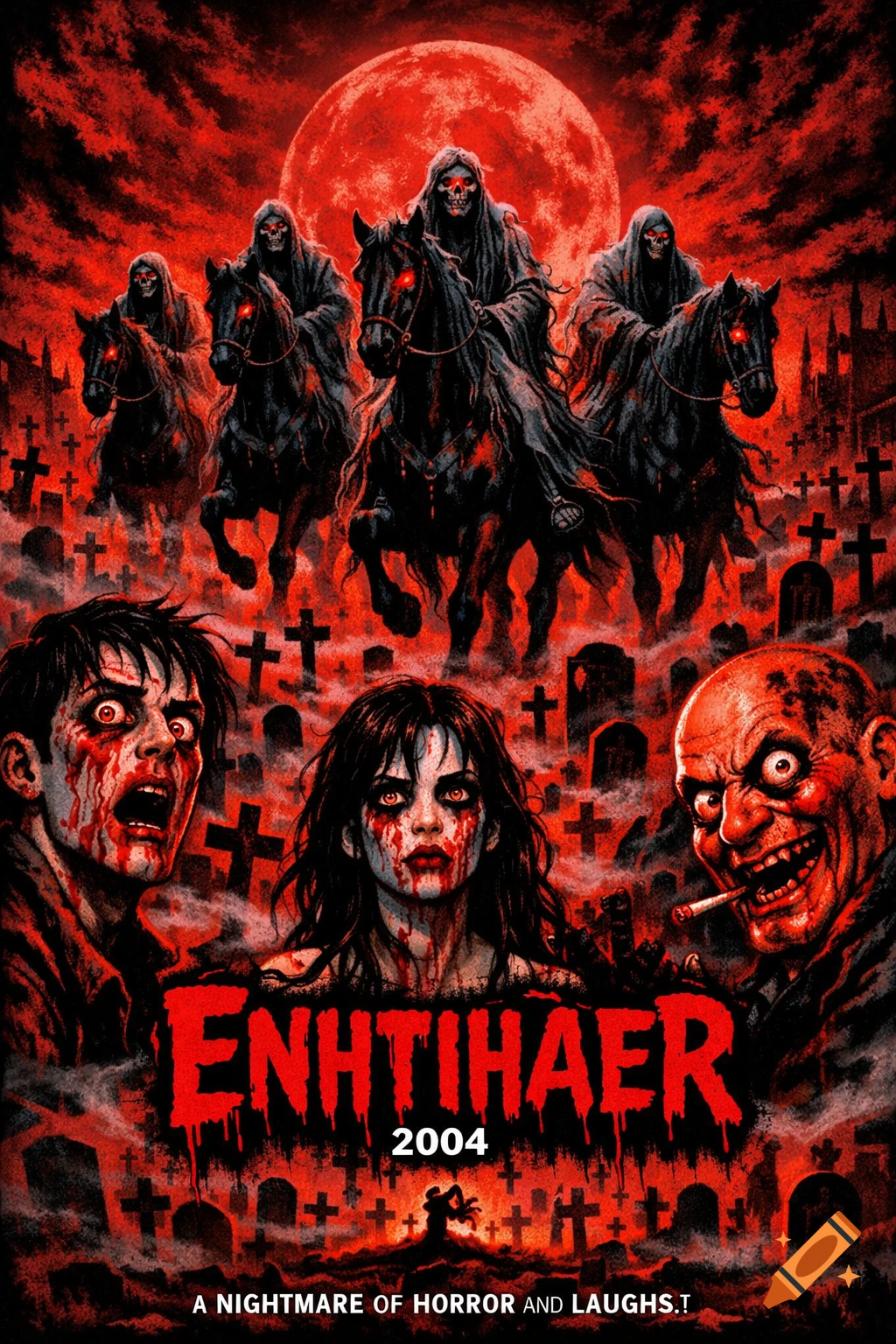 A horror movie poster in red and black, featuring four skeletal reapers on horseback under a blood-red moon, surrounded by gravestones. Three blood-splattered, terrified people are at the bottom, with the title "ENHTIHAER 2004" and a tagline "A NIGHTMARE OF HORROR AND LAUGHS".