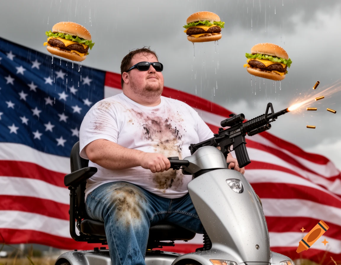 An obese man in sunglasses on a mobility scooter fires an AR-15, with cheeseburgers raining, against a US flag background.