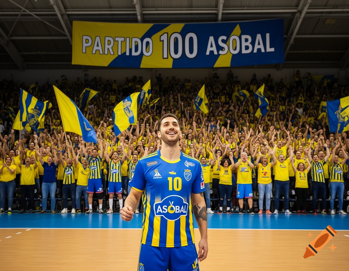 A smiling handball player in a blue and yellow uniform stands on a court, with a cheering crowd and a "PARTIDO 100 ASOBAL" banner in the background.