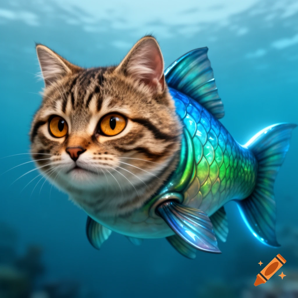 A photorealistic hybrid creature with a tabby cat's head and a colorful fish body swims underwater.